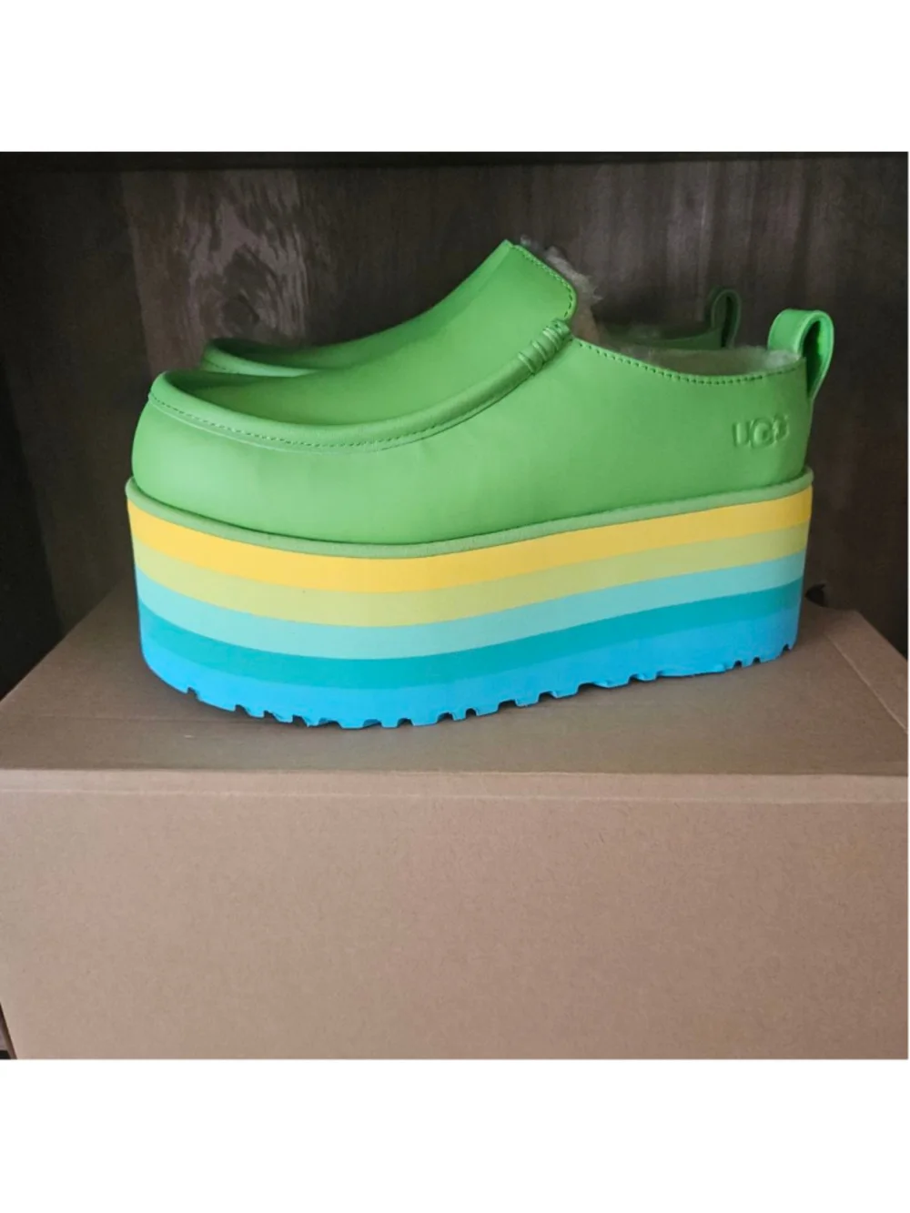 UGG Urseen Platform All Gender Multicolor Lamb Wool Slide On Womens 7 NIB Green - Picture 2 of 9